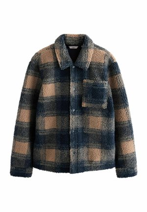 Sherpa jacket featuring a blue and beige plaid pattern, long sleeves, a collared neck, and a single chest pocket.