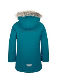 Türkisfarbener Wintermantel mit gefütterter Kapuze aus Kunstpelz, vorderem Reißverschluss und reflektierenden Details auf der Rückseite. Glattes Material, knielanges Design.