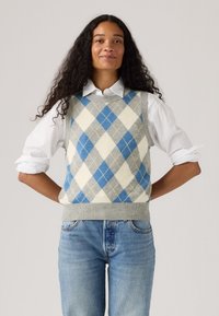 Gilet gris arborant un motif argyle bleu et blanc, porté sur une chemise blanche. Le gilet présente un ourlet côtelé et un design sans manches.