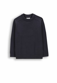 Granatowy dzianinowy sweter z okrągłym dekoltem, długimi rękawami oraz prążkowanymi mankietami i dołem. Na piersi delikatne logo.