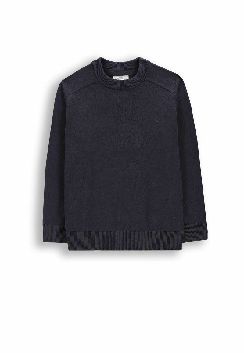 Granatowy dzianinowy sweter z okrągłym dekoltem, długimi rękawami oraz prążkowanymi mankietami i dołem. Na piersi delikatne logo.