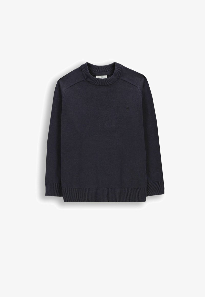 Granatowy dzianinowy sweter z okrągłym dekoltem, długimi rękawami oraz prążkowanymi mankietami i dołem. Na piersi delikatne logo.