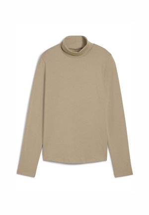 Beige langærmet turtleneck top med en afslappet pasform og et subtilt logo på ærmet. Enkel og alsidig design.