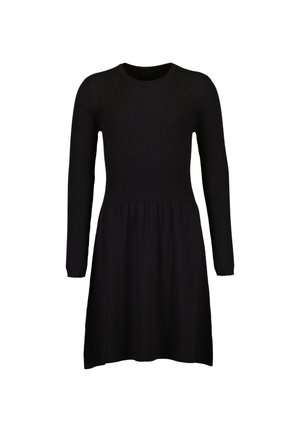 Sort langærmet strikket kjole med en ribstrikket tætsiddende krop og et udvidet skørt, med rund halsudskæring og et enkelt, sømløst design.