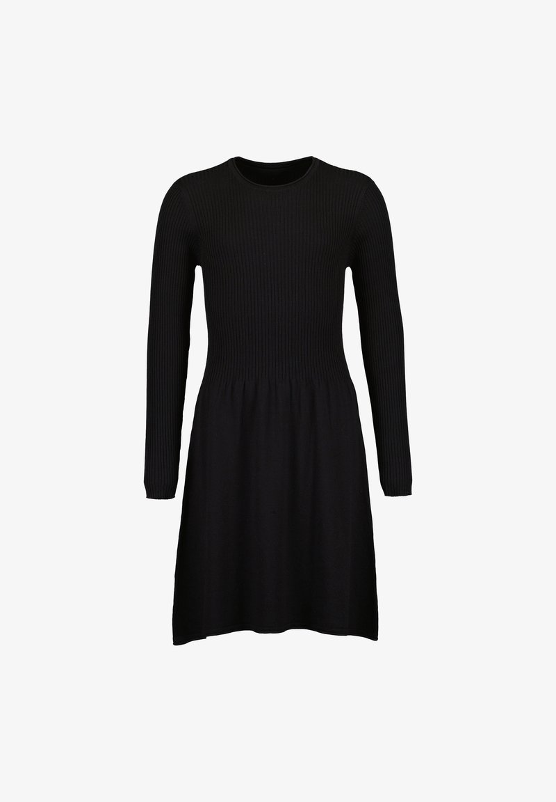 Robe noire en maille à manches longues avec un corsage ajusté côtelé et une jupe évasée, présentant un col rond et un design simple et sans coutures.