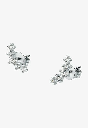 Boucles d'oreilles en argent avec un design en cascade ornées de cristaux transparents sertis en boîte. La texture est lisse, reflétant la lumière de manière efficace.
