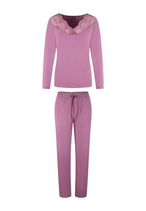 Roze loungewear set met een langemouwtop met een V-hals afgewerkt met kant en bijpassende broek met trekkoord en een ontspannen pasvorm.