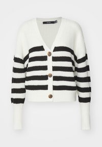 Svart och vit randig cardigan i texturerat stickat tyg. Har en V-urringning, tre framknappar och långa, något puffiga ärmar.