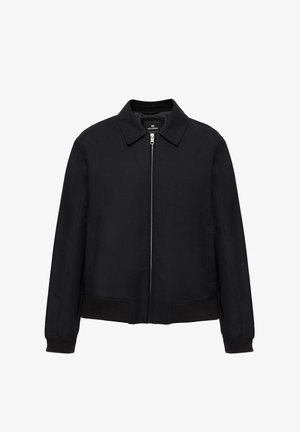 Schwarze leichte Jacke mit Kragen, Frontreißverschluss, langen Ärmeln, Seitentaschen und gerippten Bündchen und Saum.