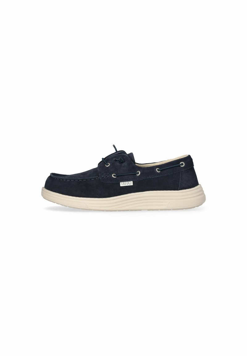 Sandalie din suede albastru marin cu talpă din cauciuc bej, design cu șireturi, cusături contrastante și detaliu logo LIU JO pe lateral.