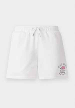 White cotton blend shorts with an elastic waistband, drawstring, and a pink ice cream graphic on the left leg. Smooth texture.
