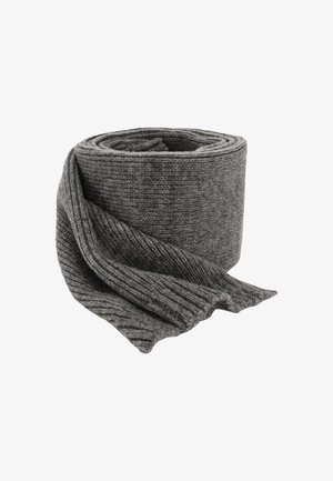 Sciarpa grigia lavorata a maglia, arrotolata a spirale, con una texture a coste e estremità rastremate, realizzata in materiale morbido e flessibile.