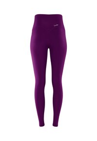 Leggings violets taille haute en tissu extensible, avec une texture lisse et un logo discret sur la ceinture.