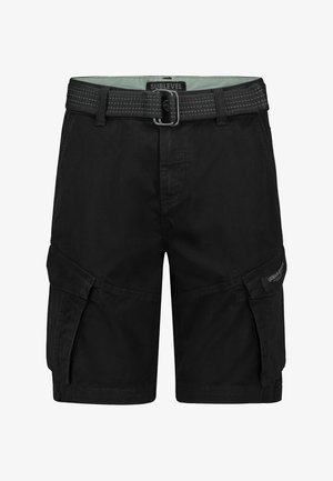Schwarze Cargo-Shorts mit einem strukturierten gewebten Gürtel, mehreren Seitentaschen und einem Taillenschild mit "SUBLEVEL"-Markierung.