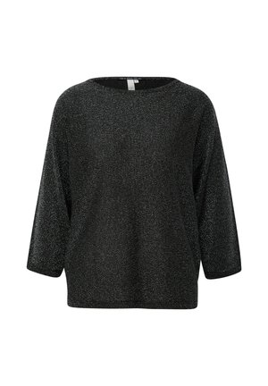 Glanzende zwarte trui met een ronde halslijn, driekwartmouwen en een losse pasvorm. Heeft een glinsterende textuur over het hele oppervlak.