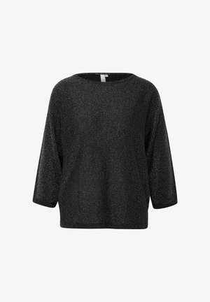 Glanzende zwarte trui met een ronde halslijn, driekwartmouwen en een losse pasvorm. Heeft een glinsterende textuur over het hele oppervlak.