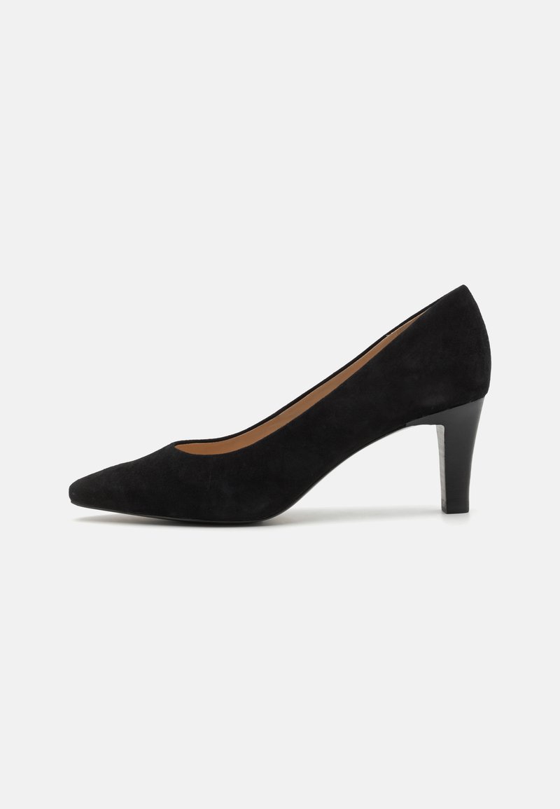 Black suede high heel shoe with a pointed toe, 5 cm heel, and smooth inner lining. The exterior features a soft texture.