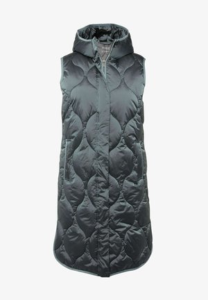 Gepolsterte Weste in Dunkelgrau mit Kapuze, ausgestattet mit kreisförmigen Mustern, Seitentaschen und einem Reißverschluss vorne. Glattes, leichtes Material.