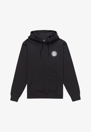 Black hoodie with a front pocket, drawstring hood, and a circular logo on the chest, made from soft cotton fabric.