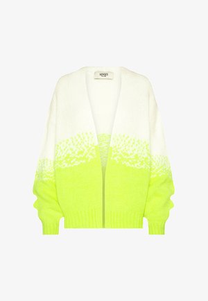 White and neon yellow knit cardigan with long sleeves, ribbed cuffs and hem, open front, and gradient pattern across chest and arms.