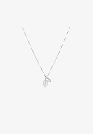 Zilveren ketting met twee zilverkleurige hangers: een grotere ovaalvorm en een kleinere ronde vorm, beide met een gladde textuur.