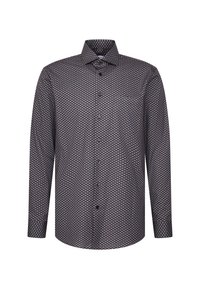 Camicia a maniche lunghe di un blu navy scuro con un motivo circolare ripetitivo in bianco e azzurro chiaro. Presenta un collo a punta e una chiusura frontale con bottoni.