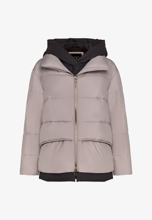 Giacca piumino grigia con design a doppio strato, caratterizzata da un colletto alto, zip frontale e orlo elastico. Tessuto testurizzato con motivi cuciti.