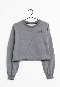 Grijze, cropped sweatshirt van zachte stof. Voorzien van een geribbelde ronde halslijn en elastische manchetten. Klein zwart logo op de borst.