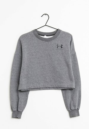 Grijze, cropped sweatshirt van zachte stof. Voorzien van een geribbelde ronde halslijn en elastische manchetten. Klein zwart logo op de borst.