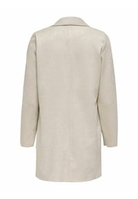 Cappotto lungo beige in tessuto morbido, con colletto e taglio dritto, maniche lunghe e senza aperture o tasche visibili. Vista posteriore mostrata.
