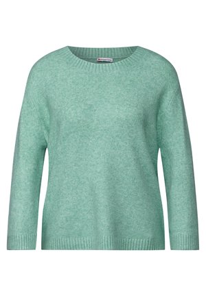 Muntgroen sweater gemaakt van zachte, textuurstof. Heeft een ronde hals en geribbelde manchetten, met een ontspannen pasvorm en verlaagde schouders.