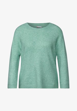 Minttu vihreä villapaita, joka on valmistettu pehmeästä, teksturoidusta kankaasta. Siinä on pyöreä pääntie ja ribbausta hihansuissa, rento istuvuus ja roikkuvat olkaimet.