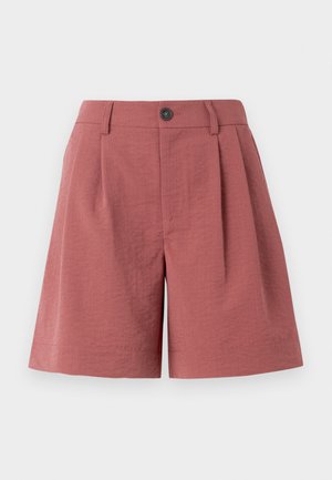 Raudoni tekstūruoti šortai su mygtuko uždarymu, priekyje su klostėmis ir tiesiu kirpimu, skirti laisvalaikiui.