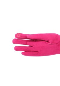 Guanti fucsia realizzati in un tessuto morbido, con quattro dita e un dettaglio di ricamo floreale sul dito indice. Texture liscia, design slanciato.
