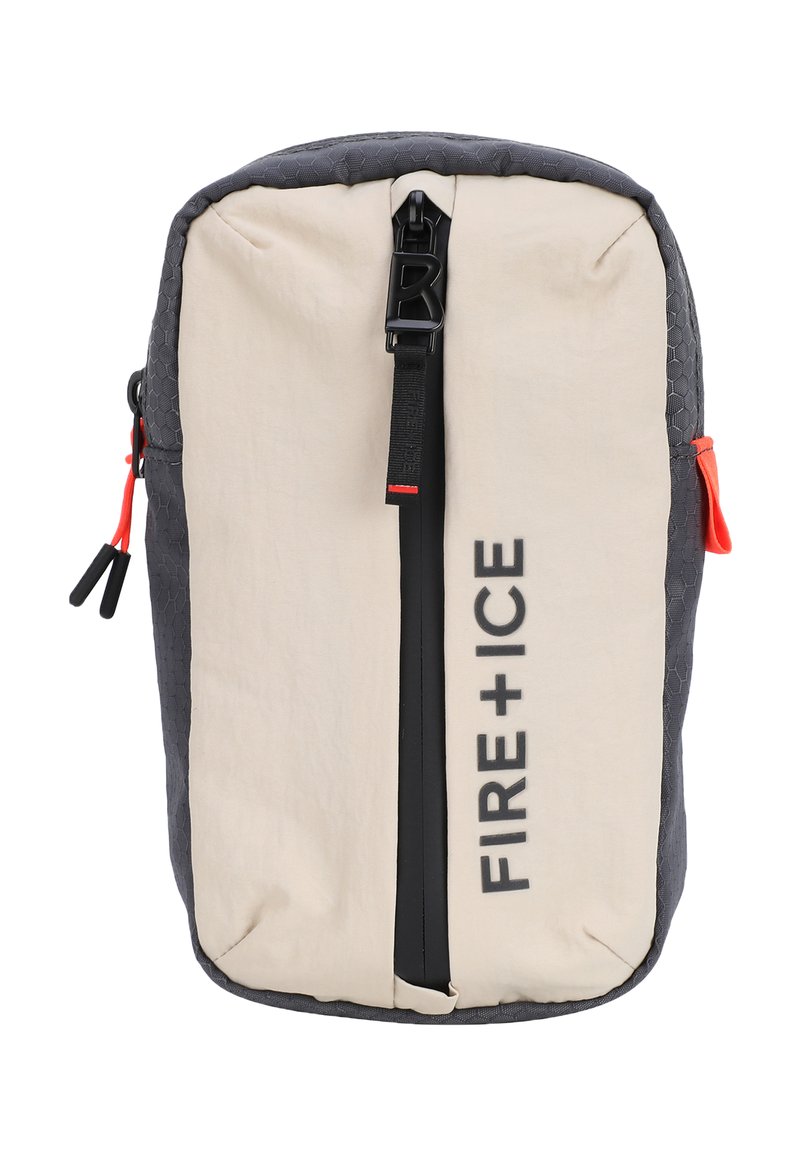 Backpack featuring a beige front panel with black "FIRE+ICE" text, gray textured sides, and red accents on the zippers and attachment points.