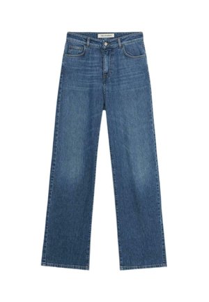 Denim jeans in light blue, featuring a wide-leg design, classic five-pocket style, and a raw hem. Made of sturdy cotton fabric.