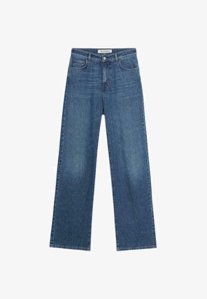 Vaqueros de mezclilla en azul claro, con un diseño de pierna ancha, estilo clásico de cinco bolsillos y un dobladillo sin terminar. Elaborados con una resistente tela de algodón.