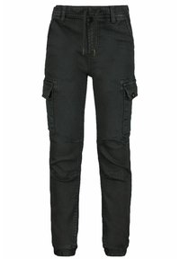 Pantalones cargo negros de denim. Las características incluyen una cintura elástica con cordón ajustable, múltiples bolsillos laterales y un diseño de pierna ajustada.