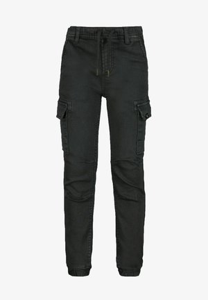 Black cargo pants made of denim. Features include an elastic waist with drawstring, multiple side pockets, and a tapered leg design.