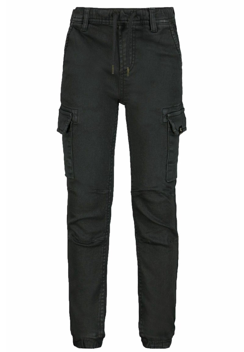 Pantalones cargo negros de denim. Las características incluyen una cintura elástica con cordón ajustable, múltiples bolsillos laterales y un diseño de pierna ajustada.