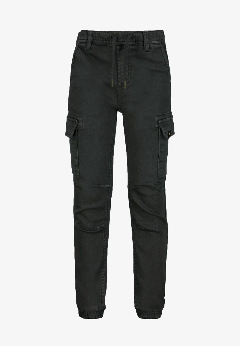 Pantalones cargo negros de denim. Las características incluyen una cintura elástica con cordón ajustable, múltiples bolsillos laterales y un diseño de pierna ajustada.