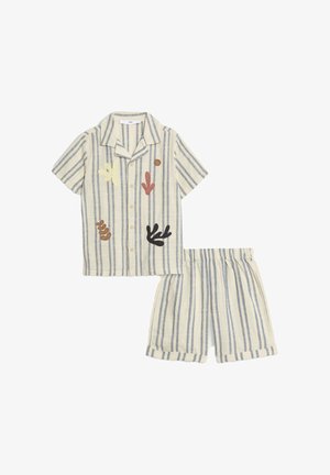Short-sleeve, striped pajama set in beige with blue lines. Features colorful embroidered plant designs. Shorts have an elastic waistband.