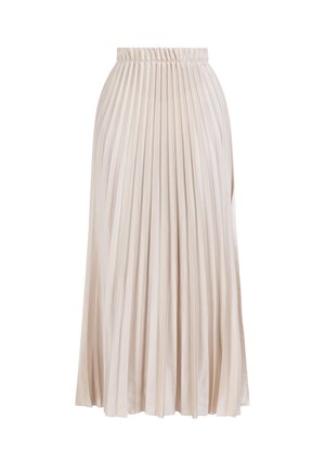 Ráncokkal ellátott szoknya világos bézs színben, elasztikus derékkal. Simább anyagból készült, függőleges redőkkel, amelyek légies megjelenést kölcsönöznek.