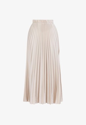 Ráncokkal ellátott szoknya világos bézs színben, elasztikus derékkal. Simább anyagból készült, függőleges redőkkel, amelyek légies megjelenést kölcsönöznek.