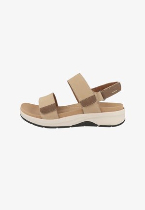Sandalia beige y marrón con punta abierta, dos correas ajustables y una suela acolchada para mayor comodidad y soporte.