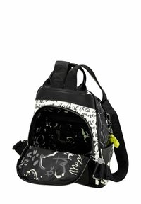 Sac à dos noir et blanc avec un extérieur imprimé, une fermeture éclair, des bretelles ajustables et un intérieur texturé avec une poche.