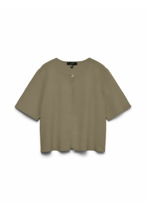 Cardigan à manches courtes vert olive avec un col rond et une fermeture par un seul bouton au centre en haut.