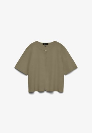 Cardigan à manches courtes vert olive avec un col rond et une fermeture par un seul bouton au centre en haut.