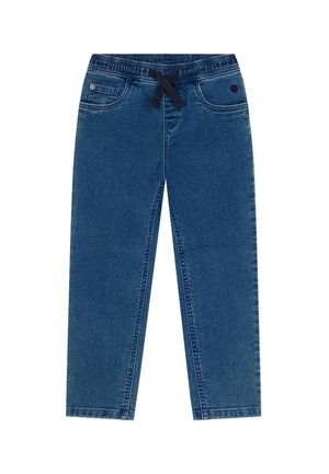 Blå denim joggerbukser med elastisk talje, sort snøre, forlommer og afslappede lige ben.