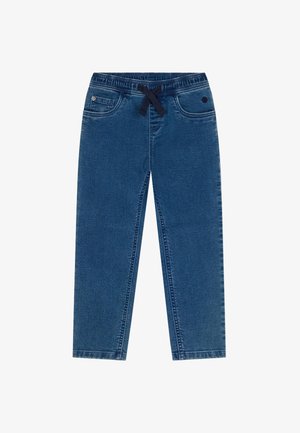 Blaue Denim-Joggerhose mit elastischem Bund, schwarzem Kordelzug, Fronttaschen und entspannten, geraden Beinen.